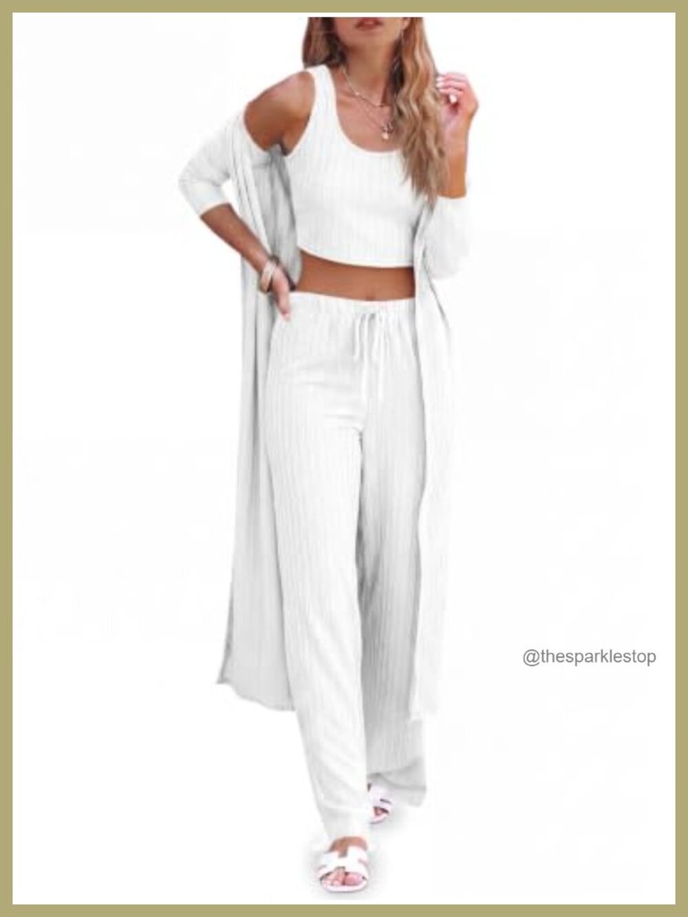 Womens 3 Piece Lounge Set Scoop Neck Crop Tank Wide Leg Pants Cardigan